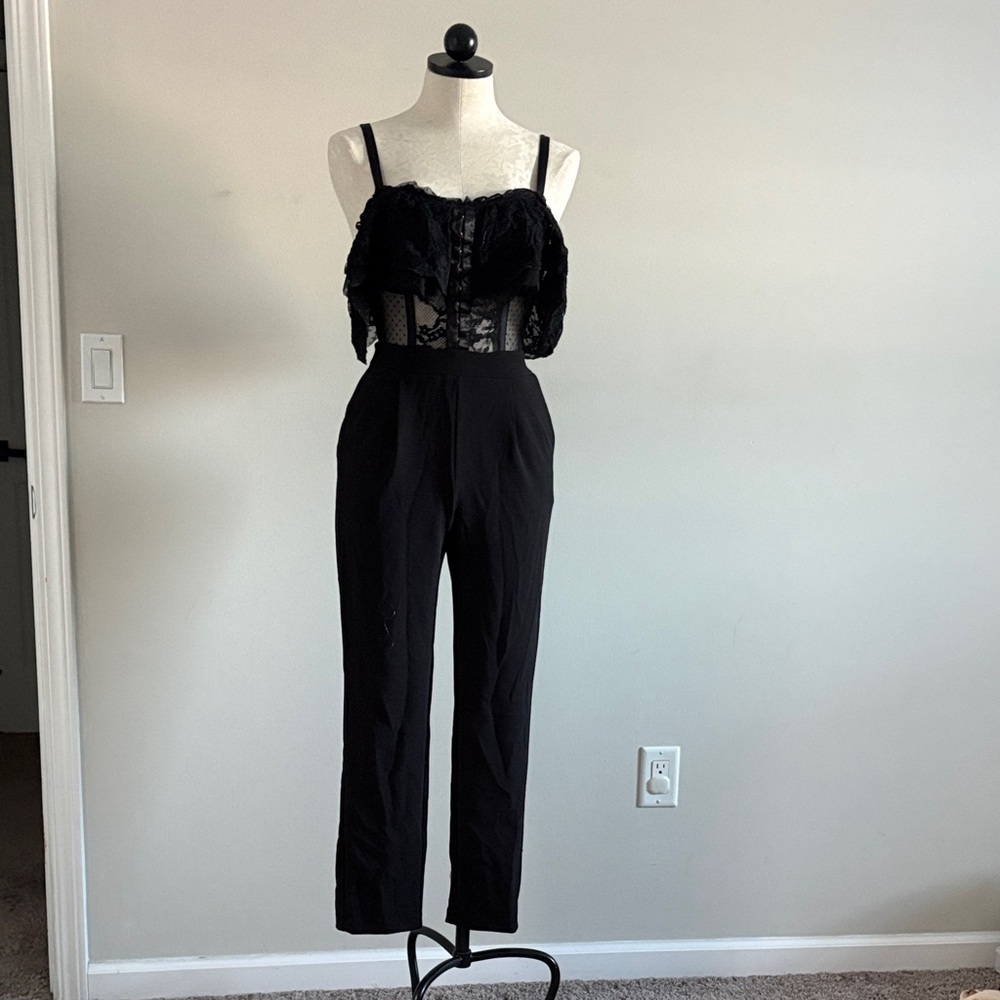 Express Black Lace Overlay Jumpsuit
